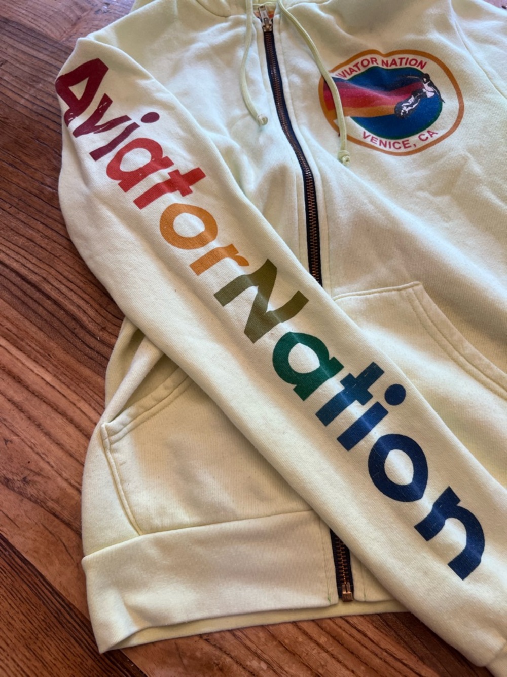 Aviator Nation Womens Light Yellow Zip Hoodie with Rainbow Sleeve Logo - Picture 2 of 9